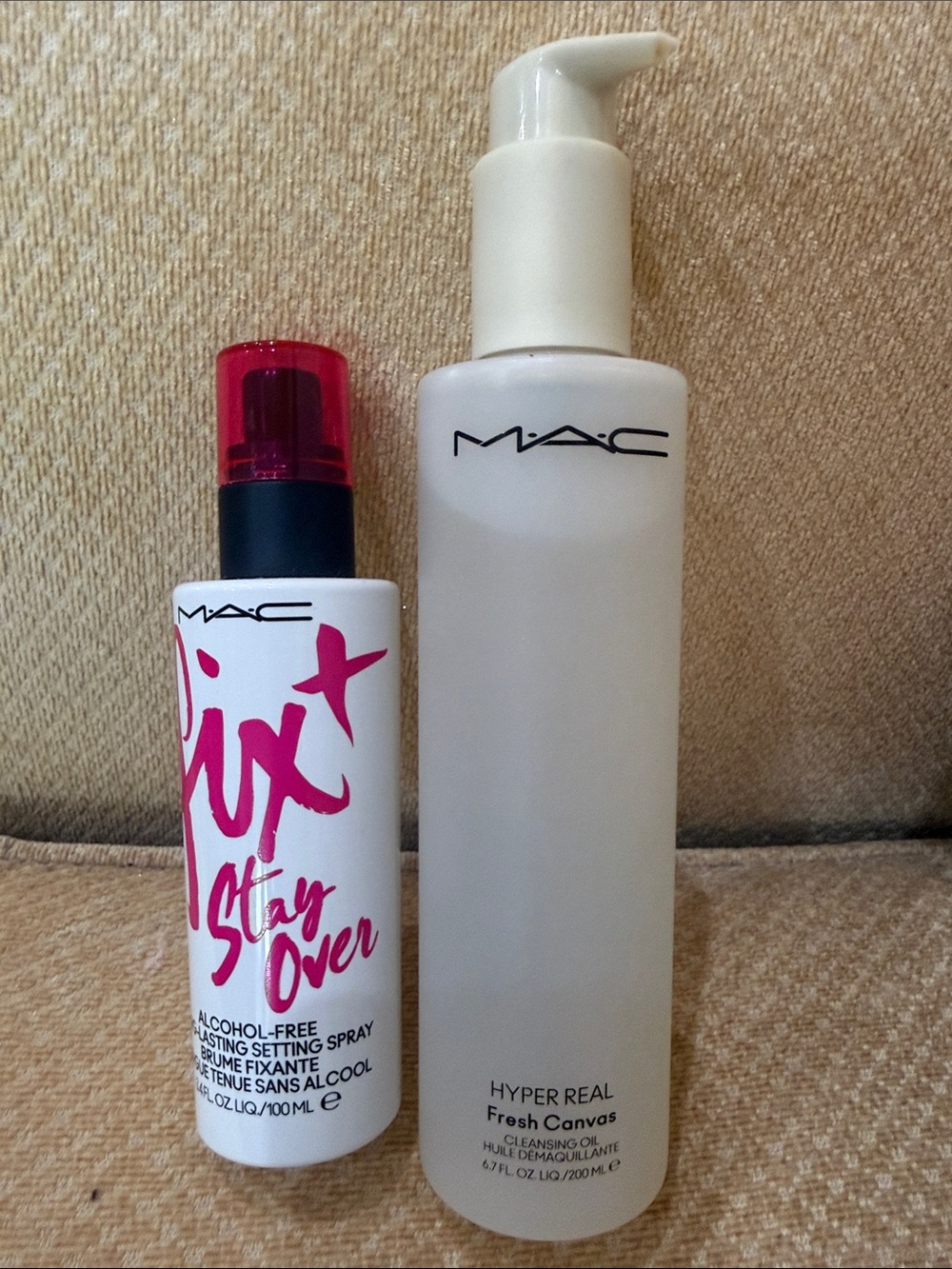 MAC Cosmetics Fix+ Stay Over setting spray/Fresh Canvas cleansing oil.